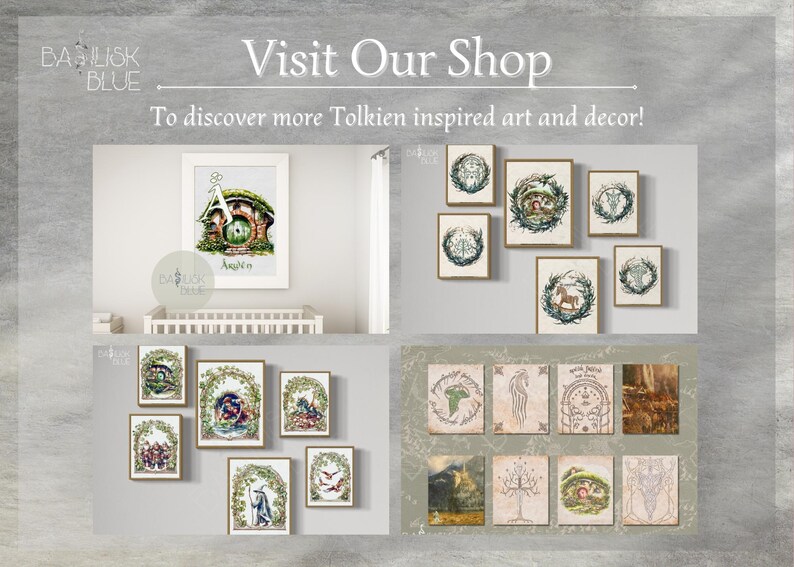 May include: A collection of framed prints featuring illustrations inspired by the Lord of the Rings. The prints feature scenes from the books, including the Shire, the One Ring, and the Ents. The prints are all in a similar style, with a watercolor look and a whimsical feel.