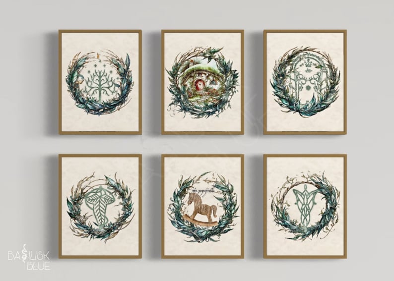 Peut inclure: Six impressions d'art encadr&eacute;es repr&eacute;sentant des illustrations de sc&egrave;nes et de symboles fantastiques. Chaque impression, dans un cadre dor&eacute;, pr&eacute;sente une image diff&eacute;rente dans une couronne circulaire de feuilles et de branches, sur fond de papier vintage.