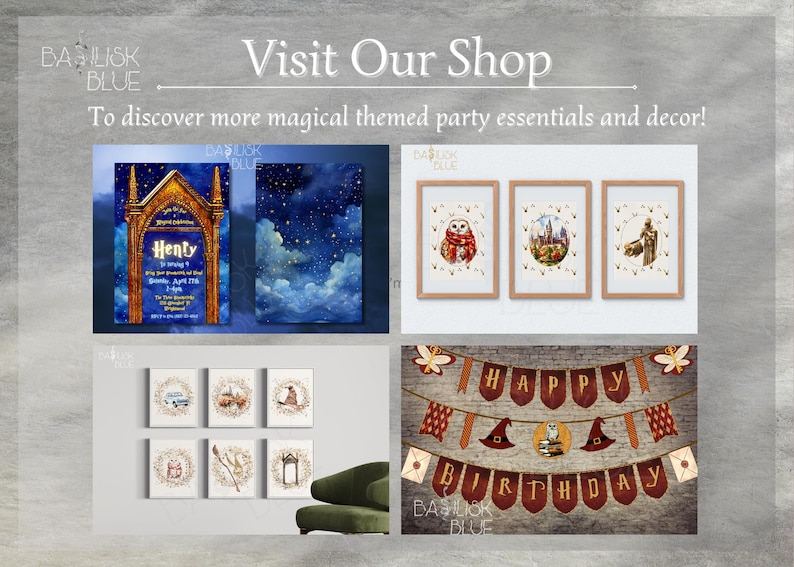 May include: A collection of printable party decorations featuring a magical theme. The decorations include a birthday banner, invitations, and framed prints with owls, a castle, and a wizard. The banner reads "Happy Birthday".