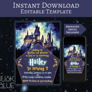 Könnte beinhalten: Bearbeitbare Vorlage für eine Harry-Potter-Geburtstagseinladung. Die Einladung zeigt eine Aquarell-Illustration von Hogwarts-Schloss vor einem dunkelblauen Sternenhimmel. Der Text lautet "Calling all Witches and Wizards to join us in celebrating Hailey is turning 7. Saturday, January 27 at 2pm at The Leaky Cauldron, London. RSVP to Sara at 555-215-8145."