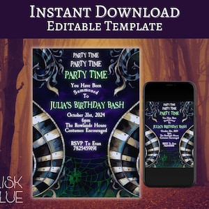 Invitación para fiesta de Beetlejuice - Fiesta gótica - Invitación de Halloween - Cumpleaños terrorífico - Plantilla editable - Personalizada - Imprimible