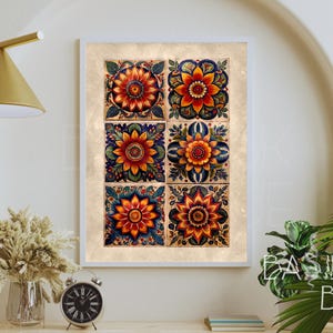 Folk Art Flower Print, Mexican Wall Art, Vintage Rustic Wall Art, Mosaic Talavera Mexican Tile Bedroom Living Room Home Cafe Decor