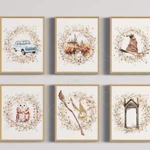 May include: Six framed watercolour illustrations of Harry Potter themed imagery. Each illustration features a wreath of brown branches and gold stars with a different Harry Potter themed image in the centre. The images include a flying car, Hogwarts castle, a sorting hat, a snowy owl, a broom and a magical mirror.