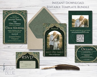 Eldar: Elven Wedding Invitation Suite - Fantasy Art Nouveau Wedding Invite - Green Vintage Wedding Art Deco Unique Wedding Invitation Set