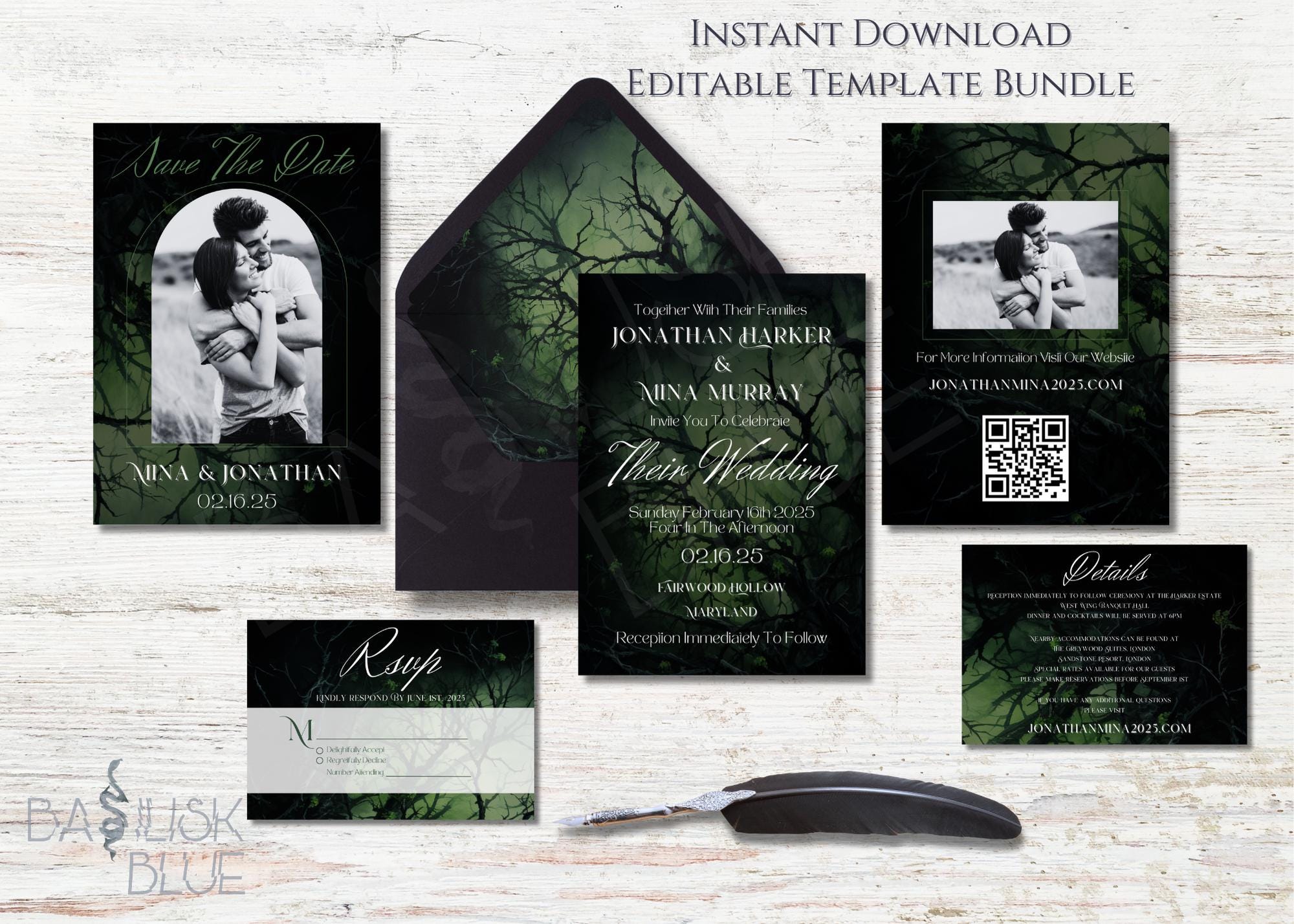 Darcy: Gothic Wedding Invitation Suite - Black Wedding Invitation - Dark Moody Forest Wedding Invite Spooky Halloween Wedding Template Set