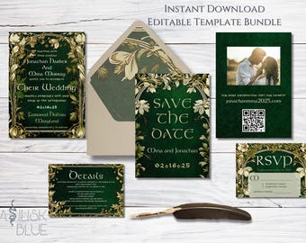 Cecily: Elven Wedding Invitation Suite - Fantasy Art Nouveau Wedding Invite - Green Vintage Wedding Art Deco Unique Wedding Invitation Set