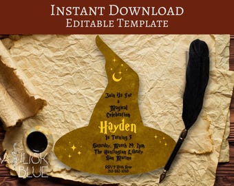 Wizard Invitation Template - Witch Hat Invite - Magic Theme Birthday Party - Potter Birthday Invitation - Printable DIY Party Invitations