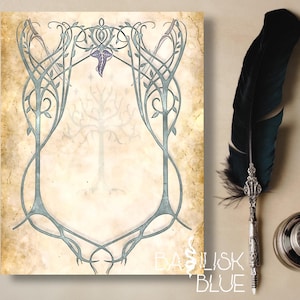 Cancelleria digitale ispirata a LoTR, carta da giornale elfica stampabile, pagine di album di ritagli ornate di Tolkien, grafica su carta in stile vintage di Tolkien