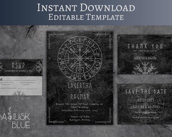 Viking Wedding Invitation Template - Norse Runes Wedding Invite - Helm of Awe Invitation Suite Printable Invite RSVP Save The Date