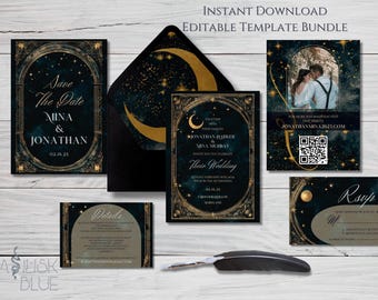 Celestial Wedding Invitation Suite - Lunar Art Nouveau Wedding Invite - Watercolor Moon Stars Art Deco Unique Wedding Invitation Set