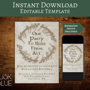 Fantasy Party Invitation - One Party To Rule Them All - Medieval Party Animated Invite - Elven Birthday Party Editable Template - Printable