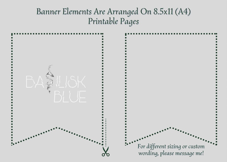 May include: Printable banner template with a dotted line border. The banner is shaped like a pennant and has the text "BASILISK BLUE" in white text. The template is designed to fit on 8.5x11 inch paper.