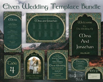 Può includere: Pacchetto di modelli di matrimonio elfico con un design verde scuro e oro. Include menu, tableau, cartello di benvenuto, salva la data, dettagli e biglietti RSVP. Il testo include "Mina e Jonathan" e "Basilisk Blue".