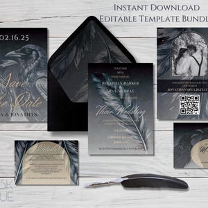 Gothic Crow Wedding Invitation Suite - Silver  Wedding Invitation - Dark Moody Wedding Invite - Halloween Wedding Invite Template Set RSVP