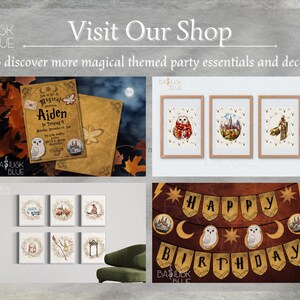 Pu&ograve; includere: Un set di decorazioni per feste stampabili a tema magico. Il set include uno striscione che dice "Buon compleanno", un invito stampabile con un gufo e il testo "Unisciti a noi per una celebrazione magica", e diverse immagini stampabili di gufi, una carrozza e un cappello da mago.