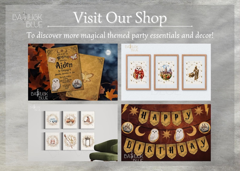 Pu&ograve; includere: Un set di decorazioni per feste stampabili a tema magico. Il set include uno striscione che dice "Buon compleanno", un invito stampabile con un gufo e il testo "Unisciti a noi per una celebrazione magica", e diverse immagini stampabili di gufi, una carrozza e un cappello da mago.