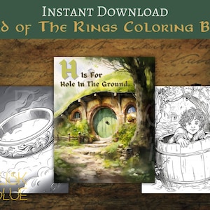以下が含まれることがあります： 指輪、ホビットの穴、樽の中のホビットを描いた、白黒の塗り絵ページ。指輪物語のイラストです。
