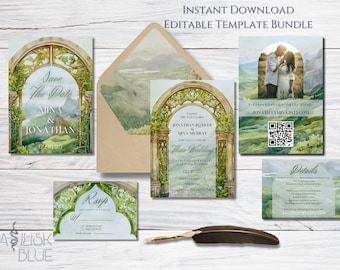 Haven: Elven Wedding Invitation Suite - Fantasy Art Nouveau Wedding Invite - Green Vintage Wedding Art Deco Unique Wedding Invitation Set