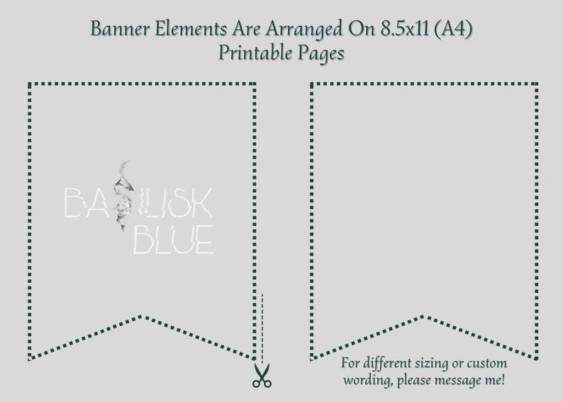 Pu&ograve; includere: Modello di banner stampabile con un bordo a linea punteggiata. Il banner ha la forma di un pennone e presenta il testo "BASILISK BLUE" in bianco. Il modello &egrave; progettato per adattarsi a carta di formato A4.