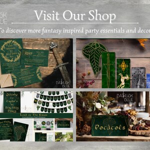 May include: A collection of fantasy-themed party decorations, including invitations, banners, and table signs. The decorations feature a green and gold color scheme with illustrations of leaves, swords, and other fantasy elements. The text on the invitations reads "One Wedding To Rule Them All" and "Welcome to Eowyn's 1st Birthday Party".