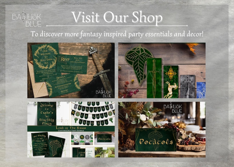 May include: A collection of fantasy-themed party decorations, including invitations, banners, and table signs. The decorations feature a green and gold color scheme with illustrations of leaves, swords, and other fantasy elements. The text on the invitations reads "One Wedding To Rule Them All" and "Welcome to Eowyn's 1st Birthday Party".