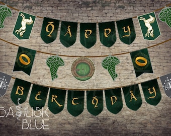 Printable Fantasy Birthday Banner - Medieval  Birthday Sign - One Birthday To Rule Them All - Medieval Bunting Flags - Elven Themed Party