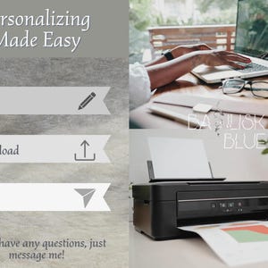 May include: A graphic showing the steps to personalize a product. The steps are: Edit, Download, and Share. The graphic also includes a printer printing a design with the text "BASILISK BLUE".