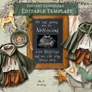 Fantasy Woodland Twin Baby Reveal Digital Pregnancy Announcement - Rustic Gender Reveal Social Media Announcement - Ring Lord Baby Shower