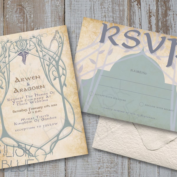 Elven Lord Of The Rings Inspired Wedding Invitation Set - Art Nouveau - Aragorn and Arwen - Customized - Ornate Invitation - Printable