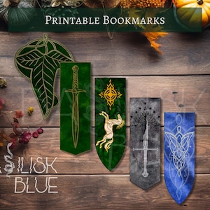 以下が含まれることがあります： 5つの異なるデザインが施された印刷可能なしおり。デザインには、緑の葉、剣、白い馬、木、星のある円が含まれています。しおりはすべて木製の背景にあります。