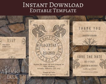 Viking Wedding Invitation Template - Norse Ravens Wedding Invite - Ancient  Runes Invitation Suite Printable Invite RSVP Save The Date