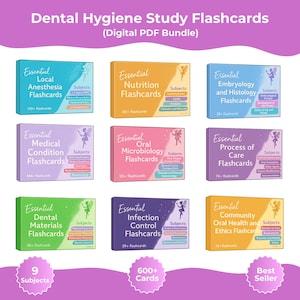 May include: A collection of dental hygiene study flashcards in a digital PDF bundle. The flashcards cover topics such as local anesthesia, nutrition, embryology, medical conditions, oral microbiology, process of care, dental materials, infection control, and community oral health.