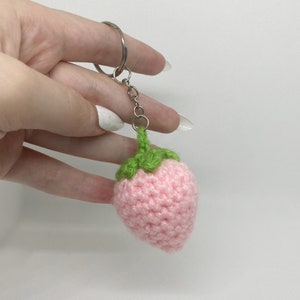 Crocheted Pink Strawberry Keychain: Handmade Amigurumi Charm