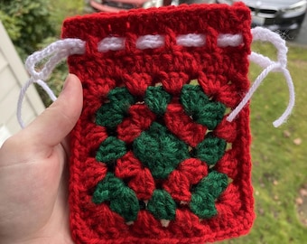 Crocheted Christmas Drawstring Pouch, Granny Square Gift Bag, Drawstring Bag, Trinket Bag, Green and Red Bag, Makeup Pouch, Stocking Stuffer