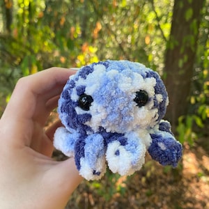 May include: A small, crocheted octopus plush toy with blue and white yarn. The octopus has large, black eyes and eight tentacles.