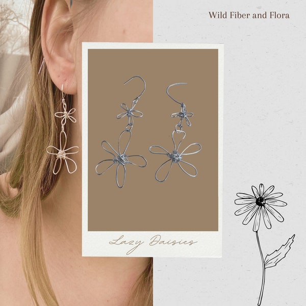 Silver Daisy Dangle Earrings - Handcrafted Wire Floral Jewelry