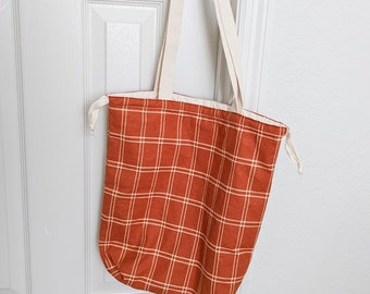 Rust Plaid Knitting Crochet Drawstring Project Tote Bag