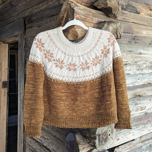 Könnte beinhalten: Ein brauner und weißer Strickpullover mit geometrischem Muster. Der Pullover hängt an einem Holzbügel vor einem rustikalen Holzhintergrund.
