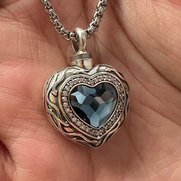 Luxury Sterling Silver Blue Heart Crystal Pendant Cremation Jewelry Urn Necklace for Ashes, Cremate for Human, Pet, Necklace Memorial Gift