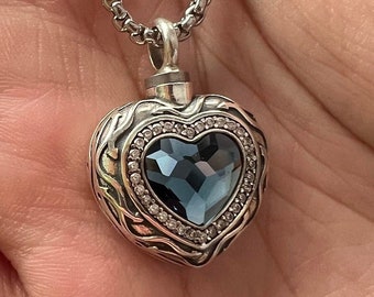 Luxury Sterling Silver Blue Heart Crystal Pendant Cremation Jewelry Urn Necklace for Ashes, Cremate for Human, Pet, Necklace Memorial Gift