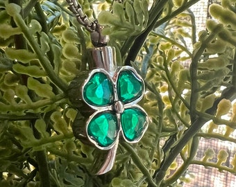 Green Clover Crystal Pendant Cremation Urn Necklace for Ashes, Cremate Jewelry for Humans, Pet, Ashes Necklace Memorial, Cremation Necklace