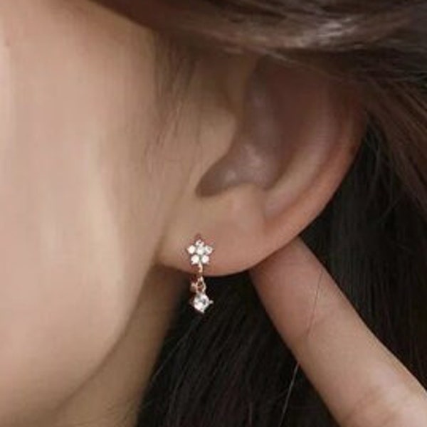 Silver Round Dangle Flower Floral Korean Hoop Simple Dainty Minimalistic Earrings for Women, Gifts for Her