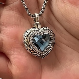 Luxury Sterling Silver Blue Heart Crystal Pendant Cremation Jewelry Urn Necklace for Ashes, Cremate for Human, Pet, Necklace Memorial Gift