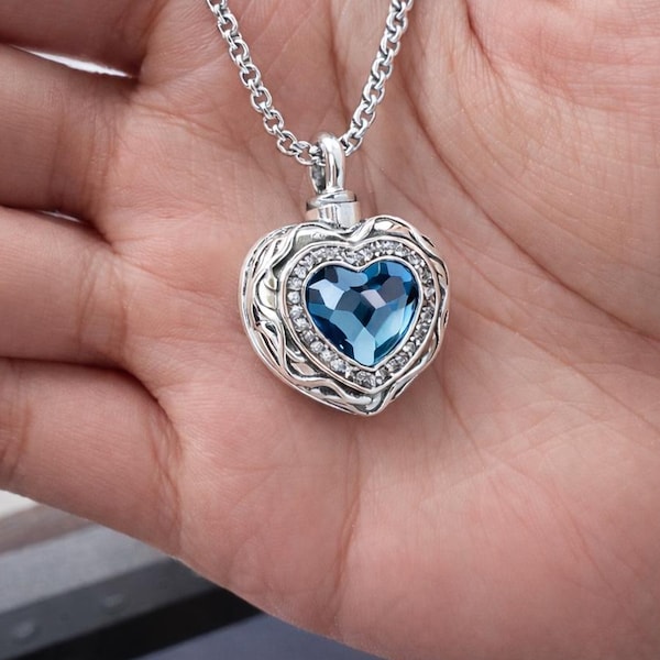 Luxury Sterling Silver Blue Heart Crystal Pendant Cremation Jewelry Urn Necklace for Ashes, Cremate for Human, Pet, Necklace Memorial Gift