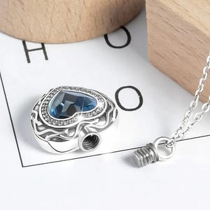 Luxury Sterling Silver Blue Heart Crystal Pendant Cremation Jewelry Urn Necklace for Ashes, Cremate for Human, Pet, Necklace Memorial Gift image 3