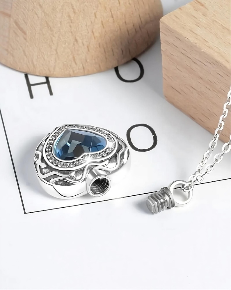 Luxury Sterling Silver Blue Heart Crystal Pendant Cremation Jewelry Urn Necklace for Ashes, Cremate for Human, Pet, Necklace Memorial Gift image 3