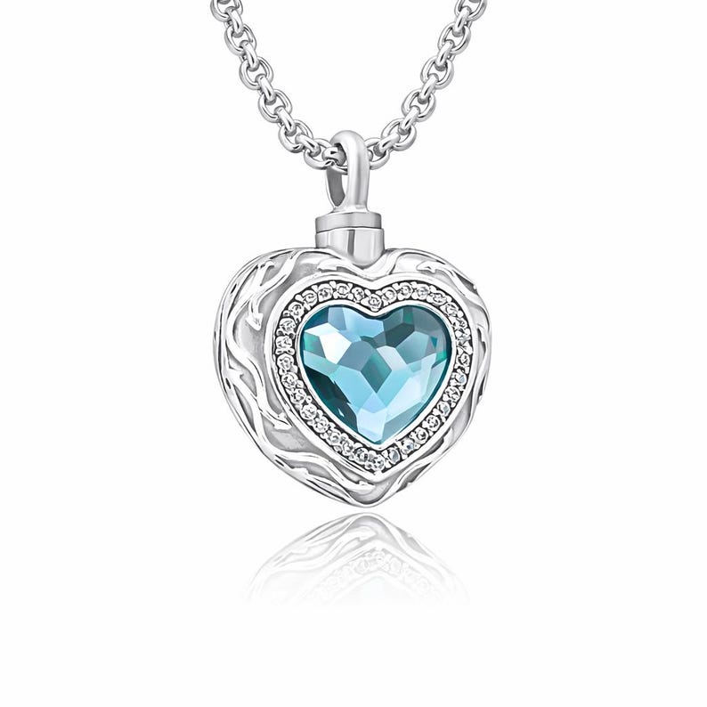 Luxury Sterling Silver Blue Heart Crystal Pendant Cremation Jewelry Urn Necklace for Ashes, Cremate for Human, Pet, Necklace Memorial Gift image 4
