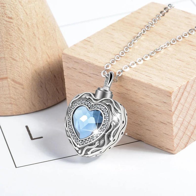 Luxury Sterling Silver Blue Heart Crystal Pendant Cremation Jewelry Urn Necklace for Ashes, Cremate for Human, Pet, Necklace Memorial Gift image 2