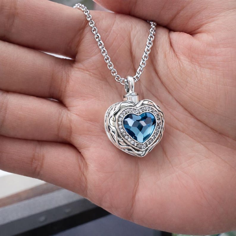 Luxury Sterling Silver Blue Heart Crystal Pendant Cremation Jewelry Urn Necklace for Ashes, Cremate for Human, Pet, Necklace Memorial Gift image 1