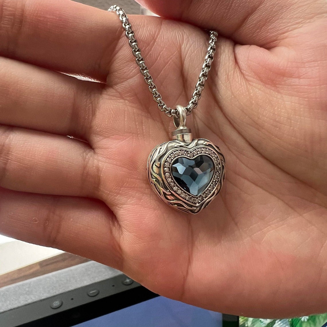 Luxury Sterling Silver Blue Heart Crystal Pendant Cremation Etsy